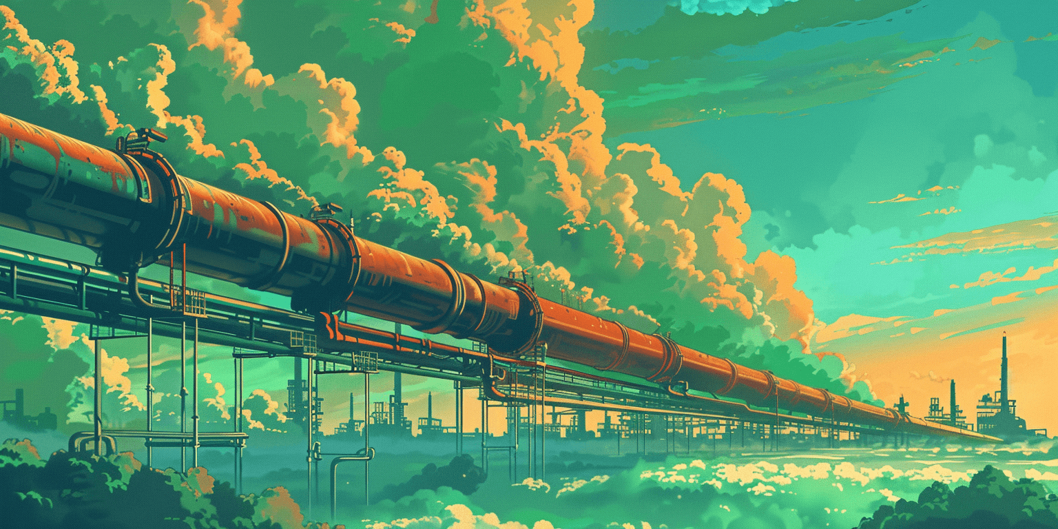Midjourney prompt: A long factory pipeline with conveyor bands and pipes automatically delivers into the sky/clouds using a single pipe. The image is using a simple futuristic cartoon style, mainly using green and orange colors.
