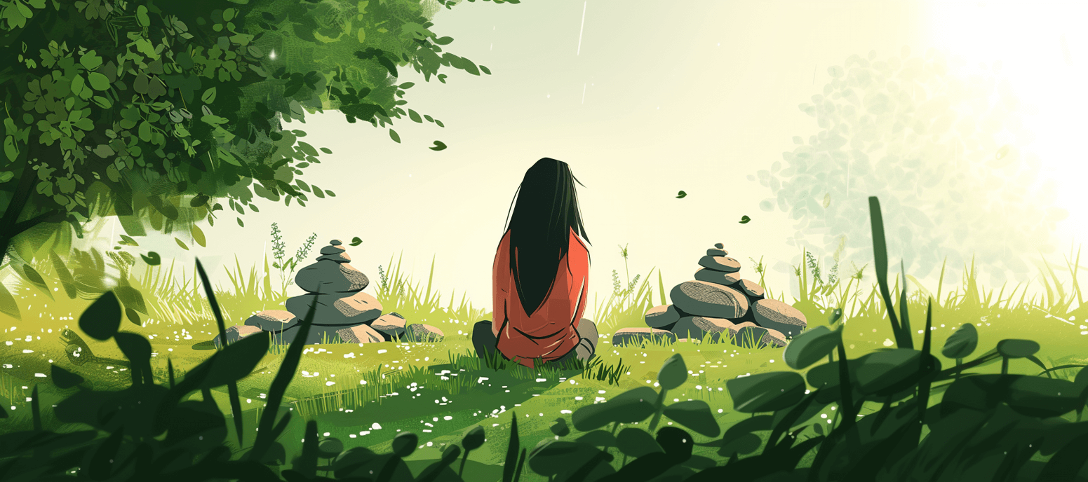 Midjourney prompt: A woman with long hair sitting on the ground alone outside, thoughtfully observing two piles of pebble further away in front of her in a grassy scene. The woman is looking slightly to the side. The style is cartoon. --v 6.0