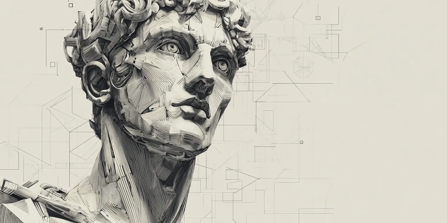 Midjourney prompt: A humble, honest and emphatic leader in the era of AI. Illustrated using vertex shading.