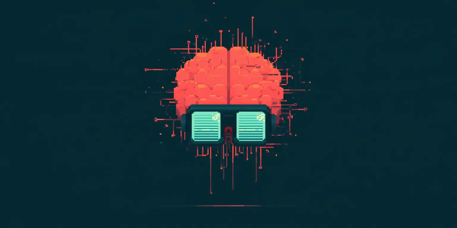 Midjourney prompt: Electronic brain with googles taking off. Style in pixel art.