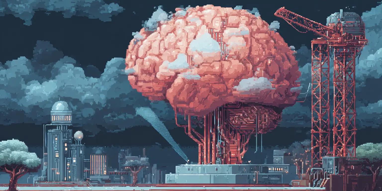 Midjourney prompt: Electronic brain take-off using pixel art.