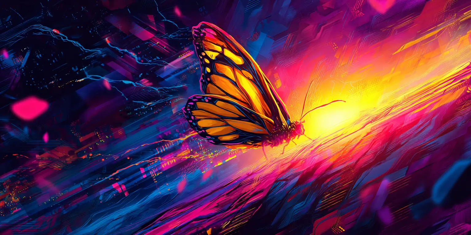 Midjourney prompt: A simple, small unicolor winged butterfly shrinking in size in a ray of light on the lower right side of the picture. The illustration is in sketch style and in vibrant colors. Background is brimming with tech vibes, circuits and pulses. Using image from core.async post as style reference.