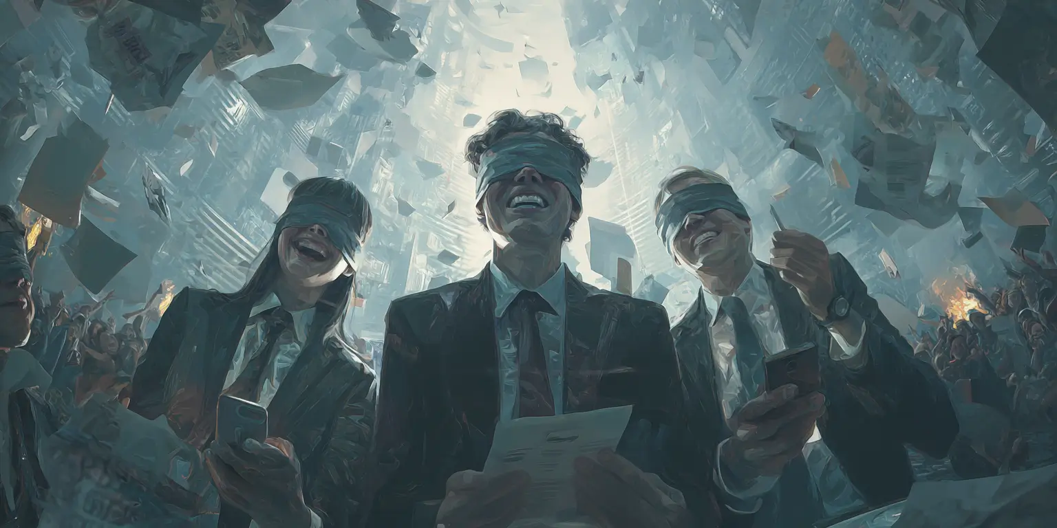 Midjourney prompt: A surreal digital painting of corporate executives laughing in a crumbling glass tower, blindfolded and indifferent, surrounded by a chaotic world of protest signs, burning data, and broken smartphones high contrast, moody lighting, dystopian tech aesthetic, cinematic realism, muted color palette. (Prompt suggested by ChatGPT based on a longer description)