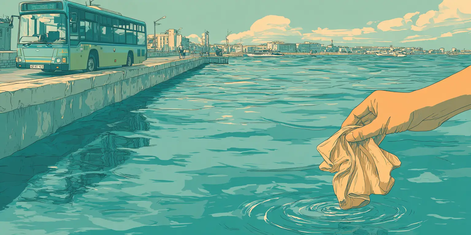 Midjourney prompt: A hand is submerging a small beige cloth into water. In the background drives a bus by the harbor promenade. Simple picture. Teal is the primary color. - Did a few edits to remove 'noise'.