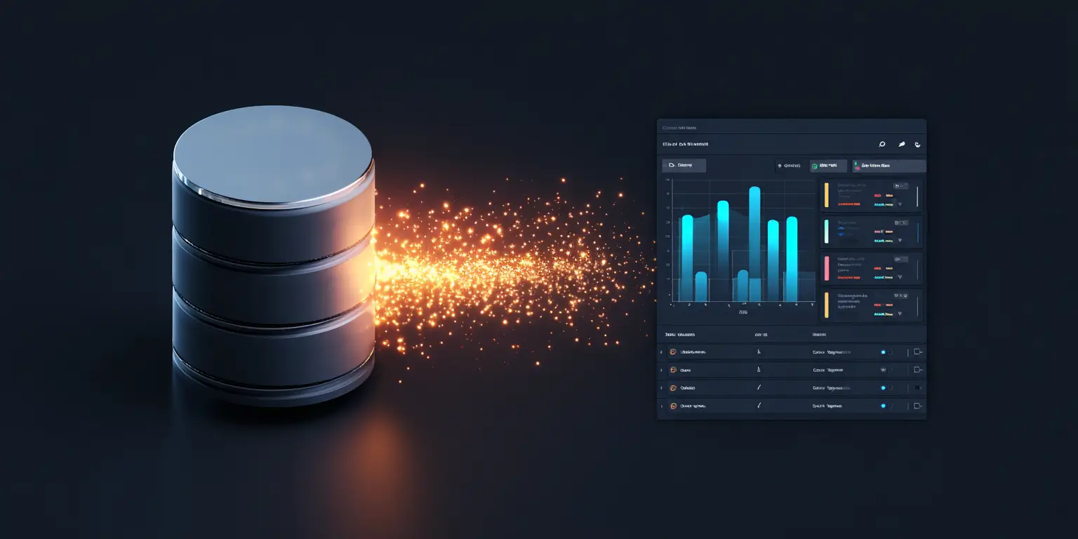 Midjourney prompt: A database silo on the left and with minimalist simple modern UI frontend dashboard with sparse data points on the right. Between them flows sparks of data.