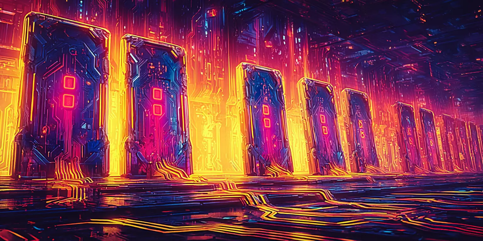 Midjourney prompt: Seven digital gates are placed next to each other on a long line with even spacing between them. Separated by closed gates, two open gates have digital threads flowing into the circuit board floor. Using image from core.async post as style reference.