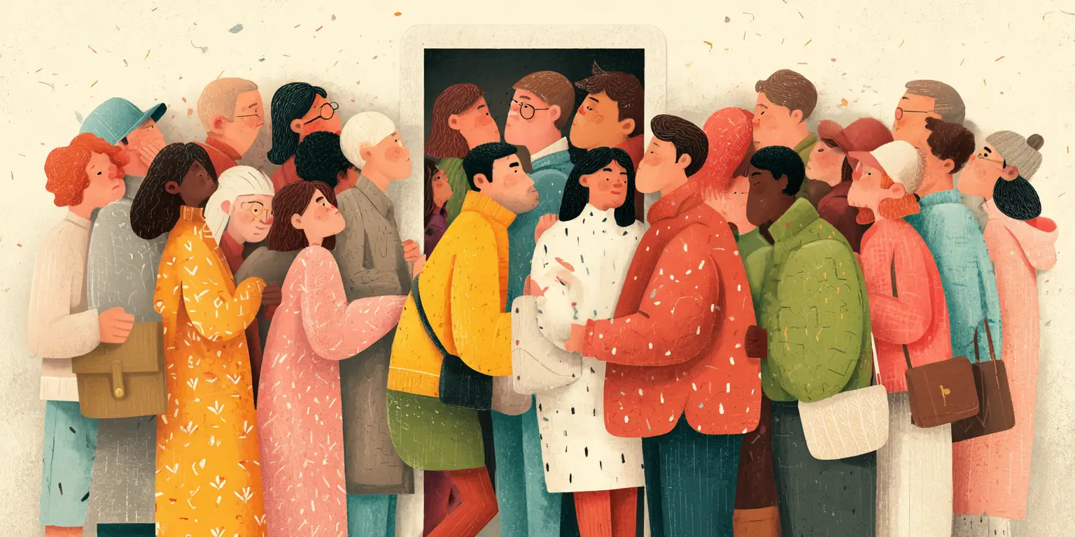 Midjourney prompt: Three people too big to squeeze through a door simultaneously are blocking the entrance for a whole line of people behind them.