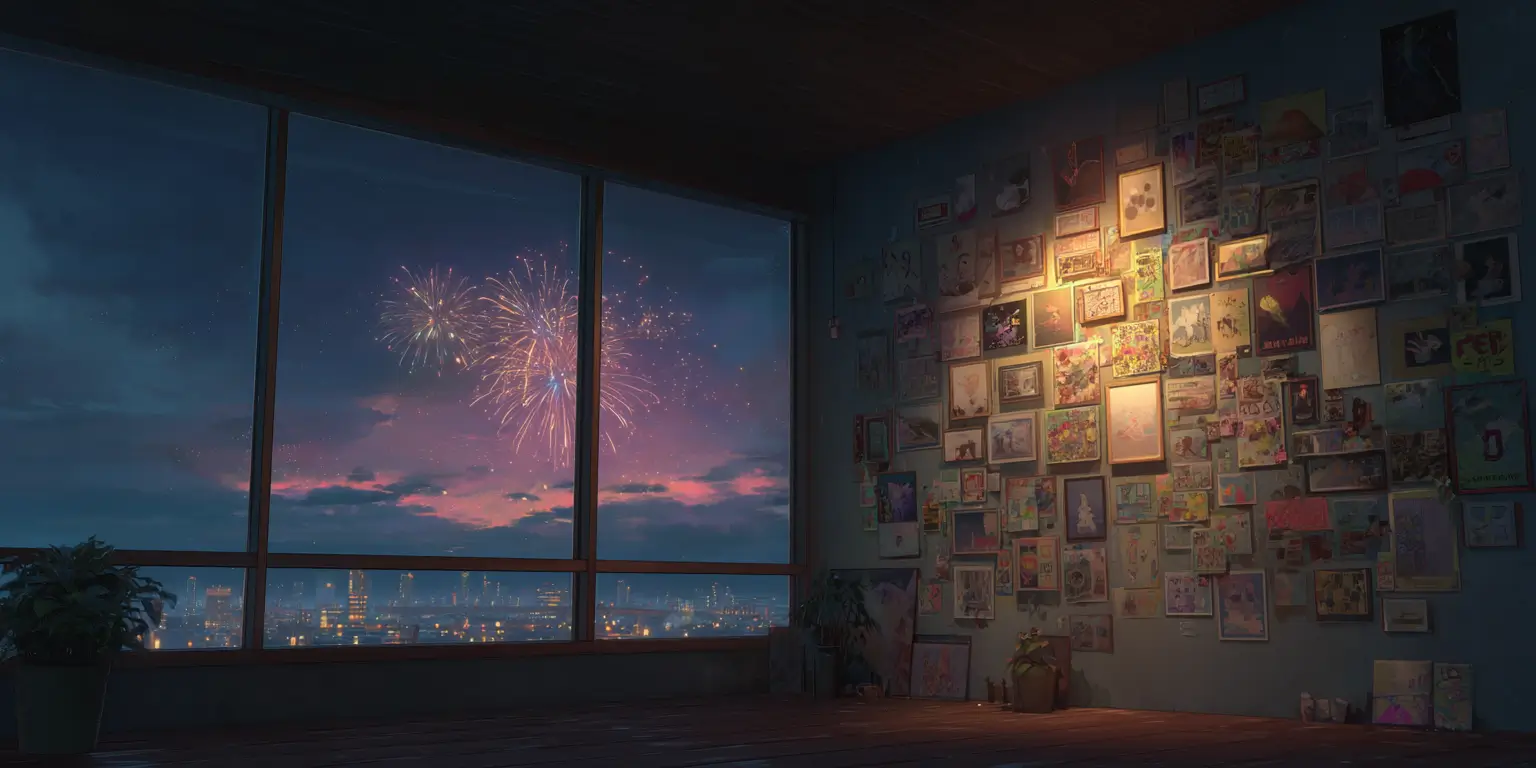 Midjourney prompt: A long wall with a huge window on the left and pictures/posters on the right. Through the window you can see fireworks on a clear night sky. The pictures and posters capturing the highlights of the year are unevenly scattered. There is dim lighting in the room with the wall.