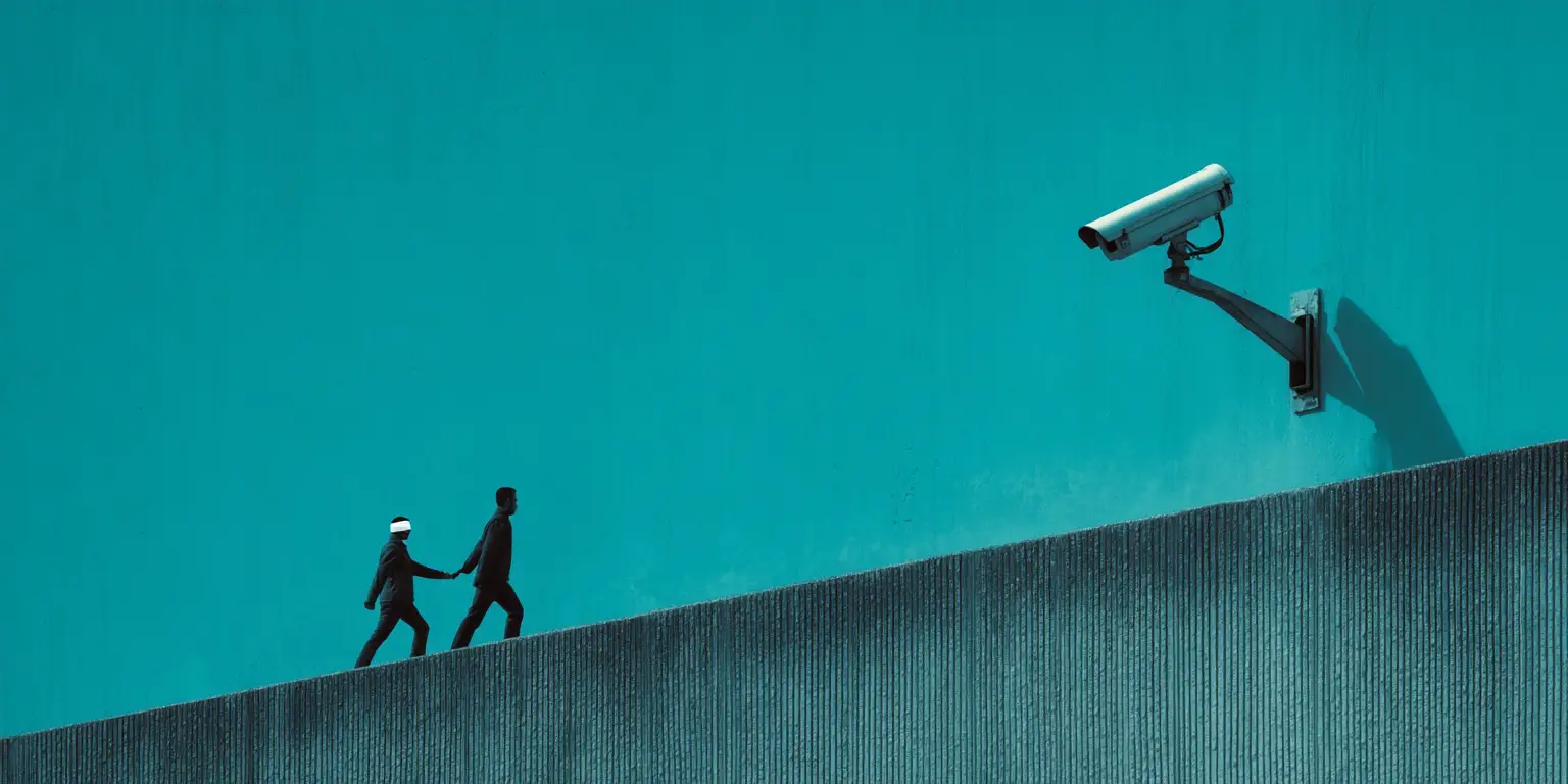 Midjourney prompt: Surveillance camera on a teal concrete wall following a person leading another person with a white blindfold over rough terrain into a fenced area to the right.