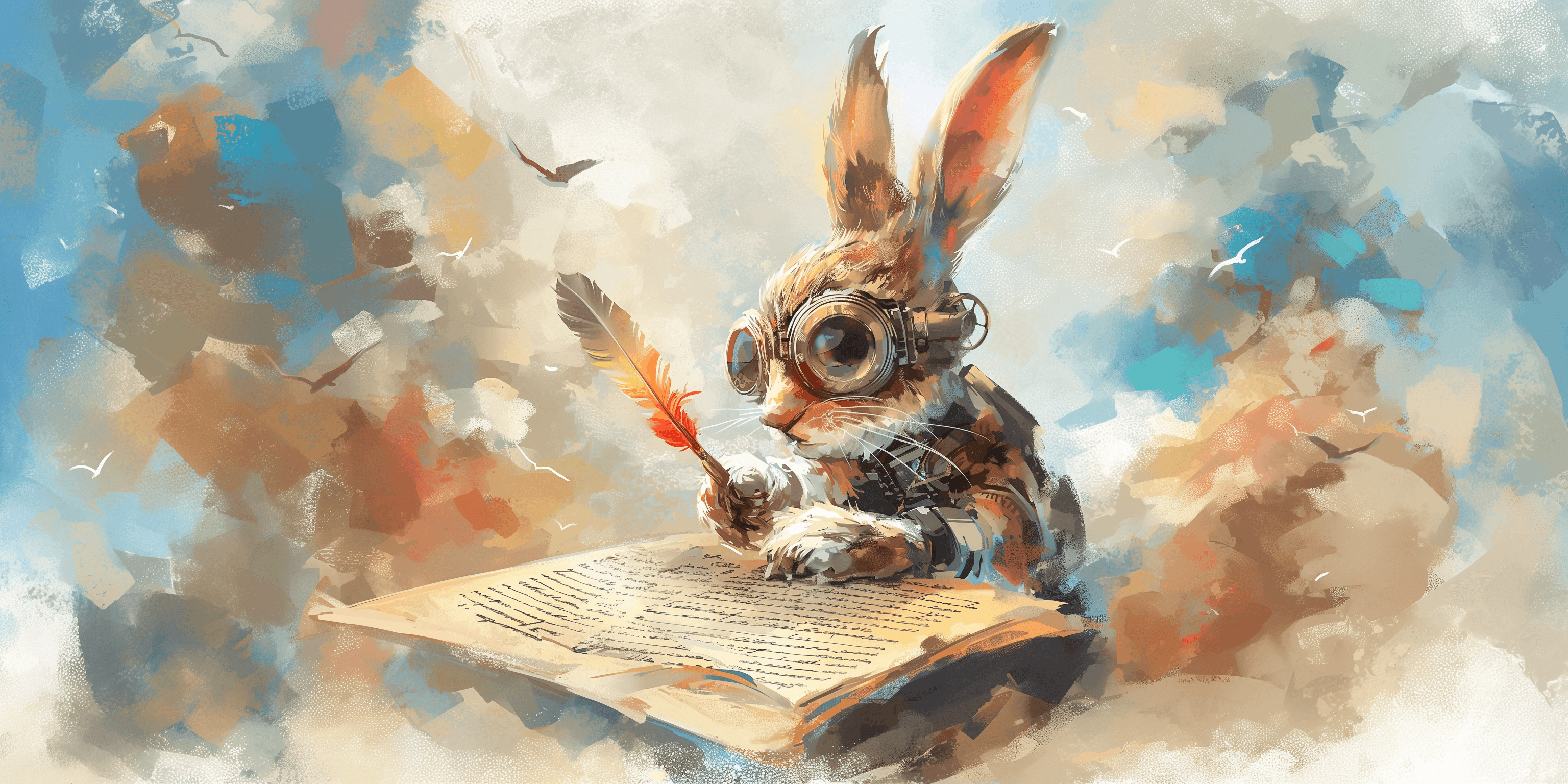 Midjourney prompt: A cute steampunk rabbit with googles holding a worn feather pen in its paw signing old documents in colourful cloud surroundings. The image is in water color style --ar 2:1 --v 6.0 - Upscaled (Creative)