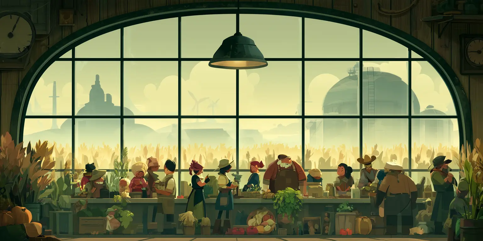 Midjourney prompt: Farmer community where everyone is sharing with each other, behind a huge window where hoarders are looking in hungrily.